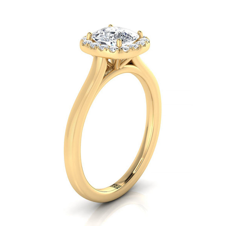 Modern French Pavé Halo Cushion, in 18K Yellow Gold, pave setting – side profile | RockHer