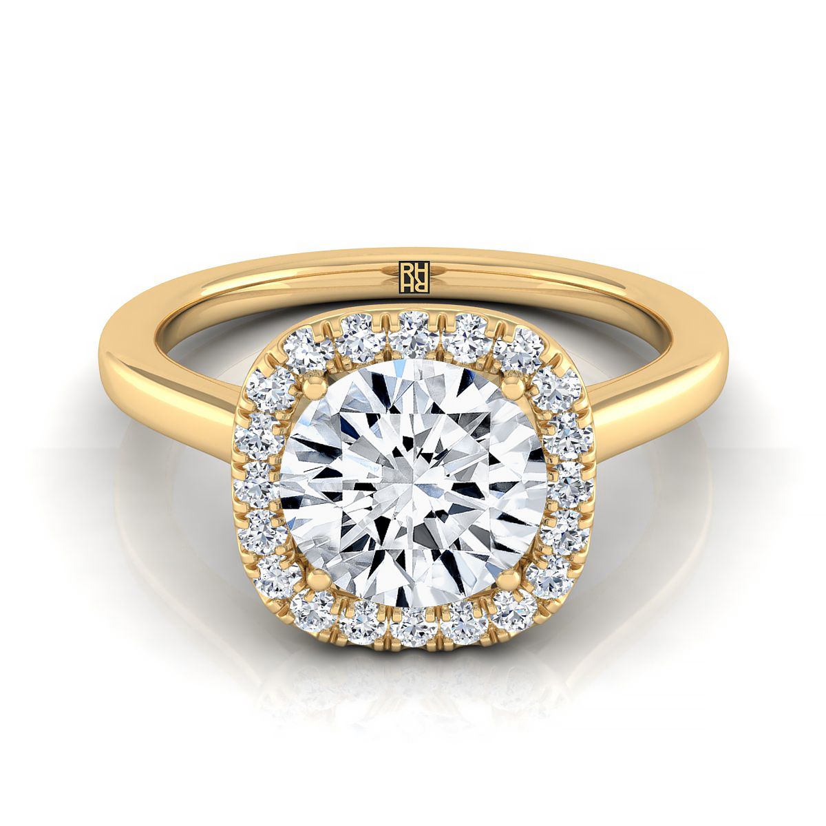 Round Brilliant, Modern French Pavé Halo, in 18K Yellow Gold, pave setting | RockHer