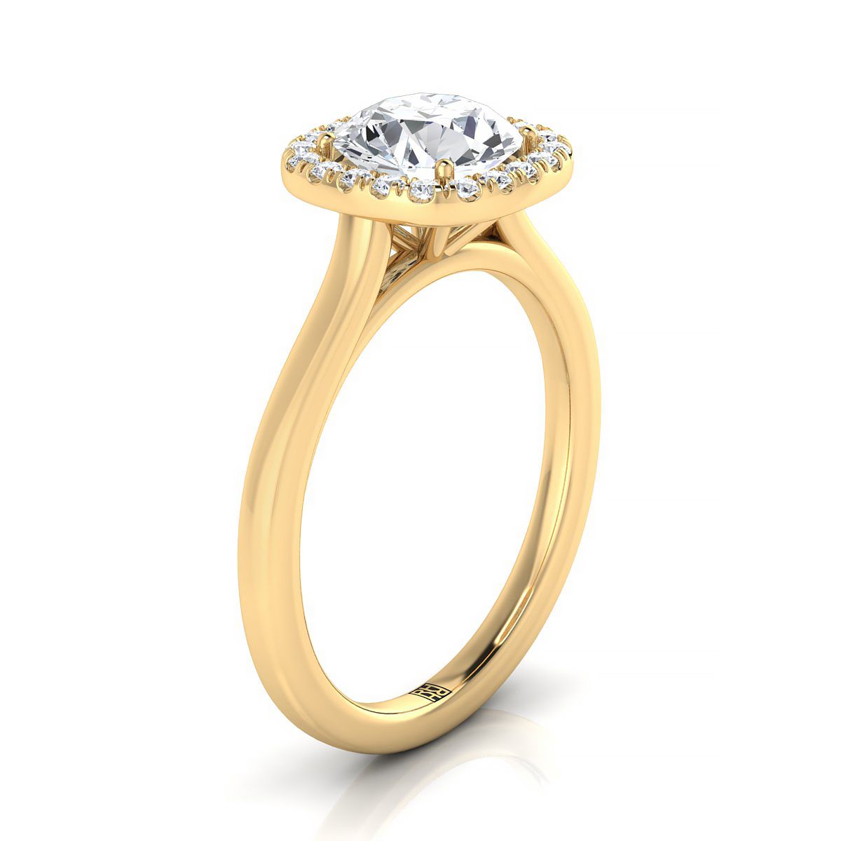 Round Brilliant, Modern French Pavé Halo, in 18K Yellow Gold, pave setting – side profile | RockHer