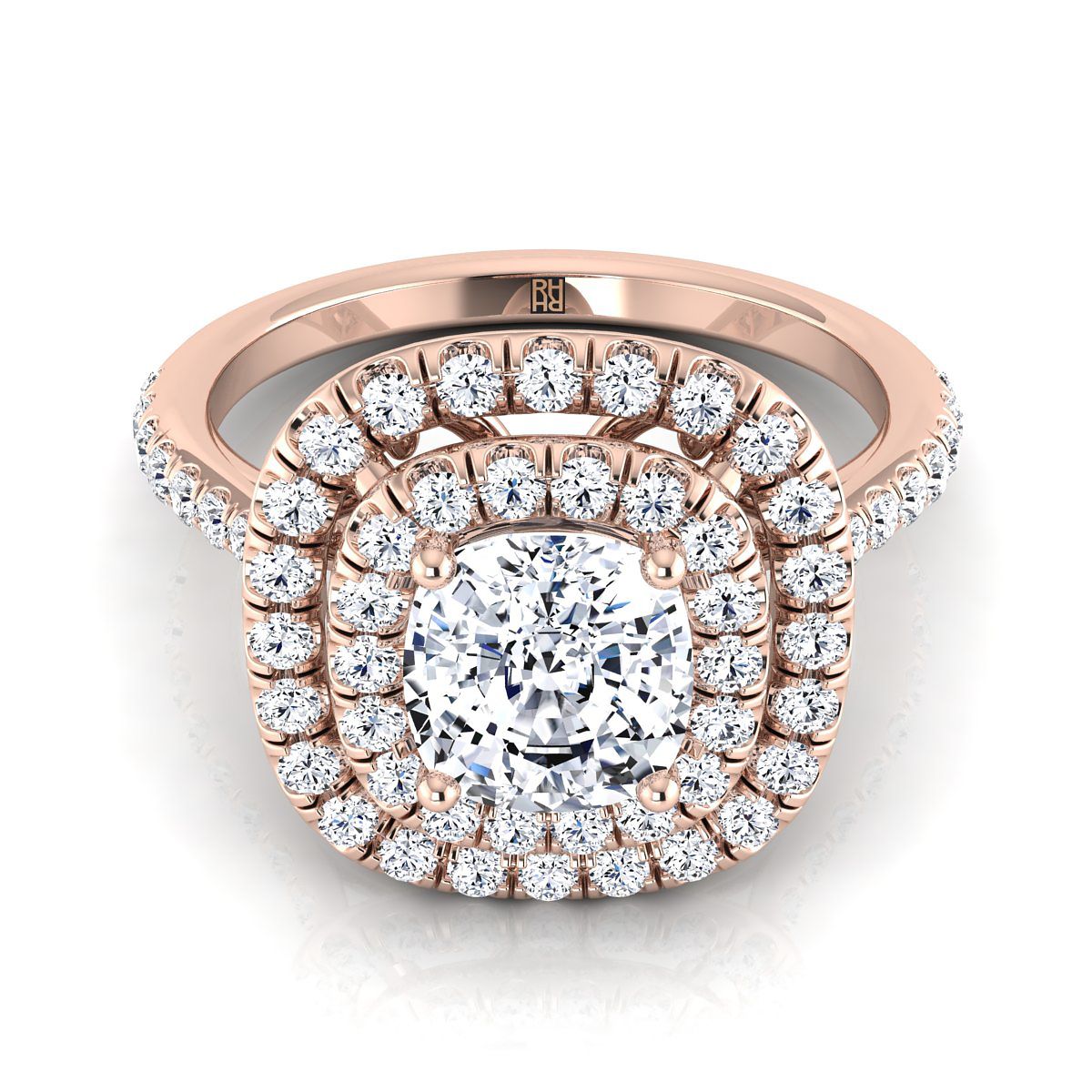 Double Halo Scalloped Pavé Cushion, in 14K Rose Gold, pave setting | RockHer