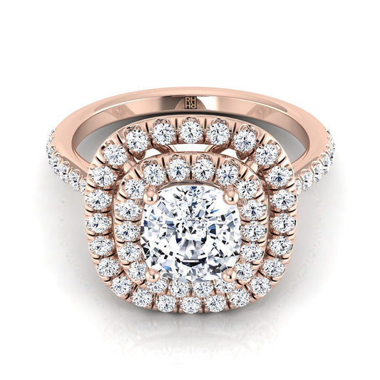 Double Halo Scalloped Pavé Cushion, in 14K Rose Gold, pave setting | RockHer