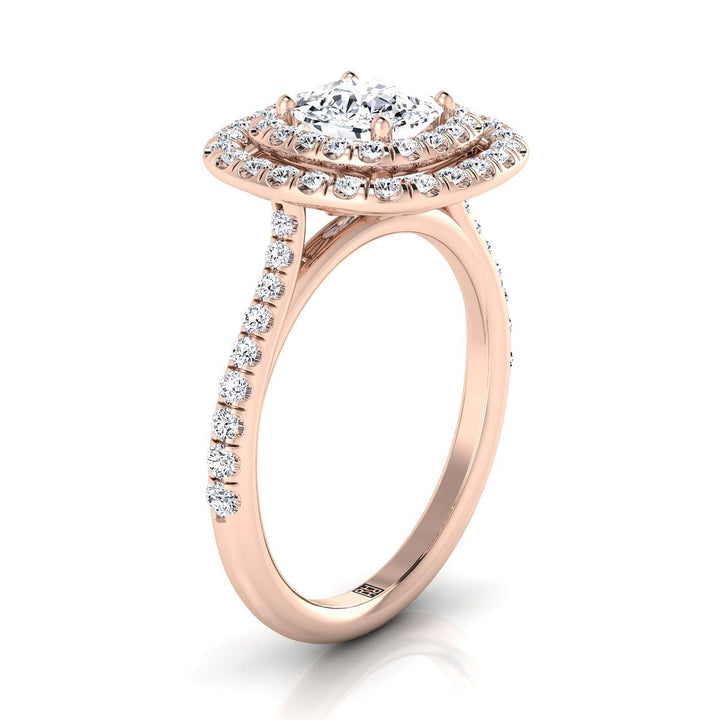 Double Halo Scalloped Pavé Cushion, in 14K Rose Gold, pave setting – side profile | RockHer