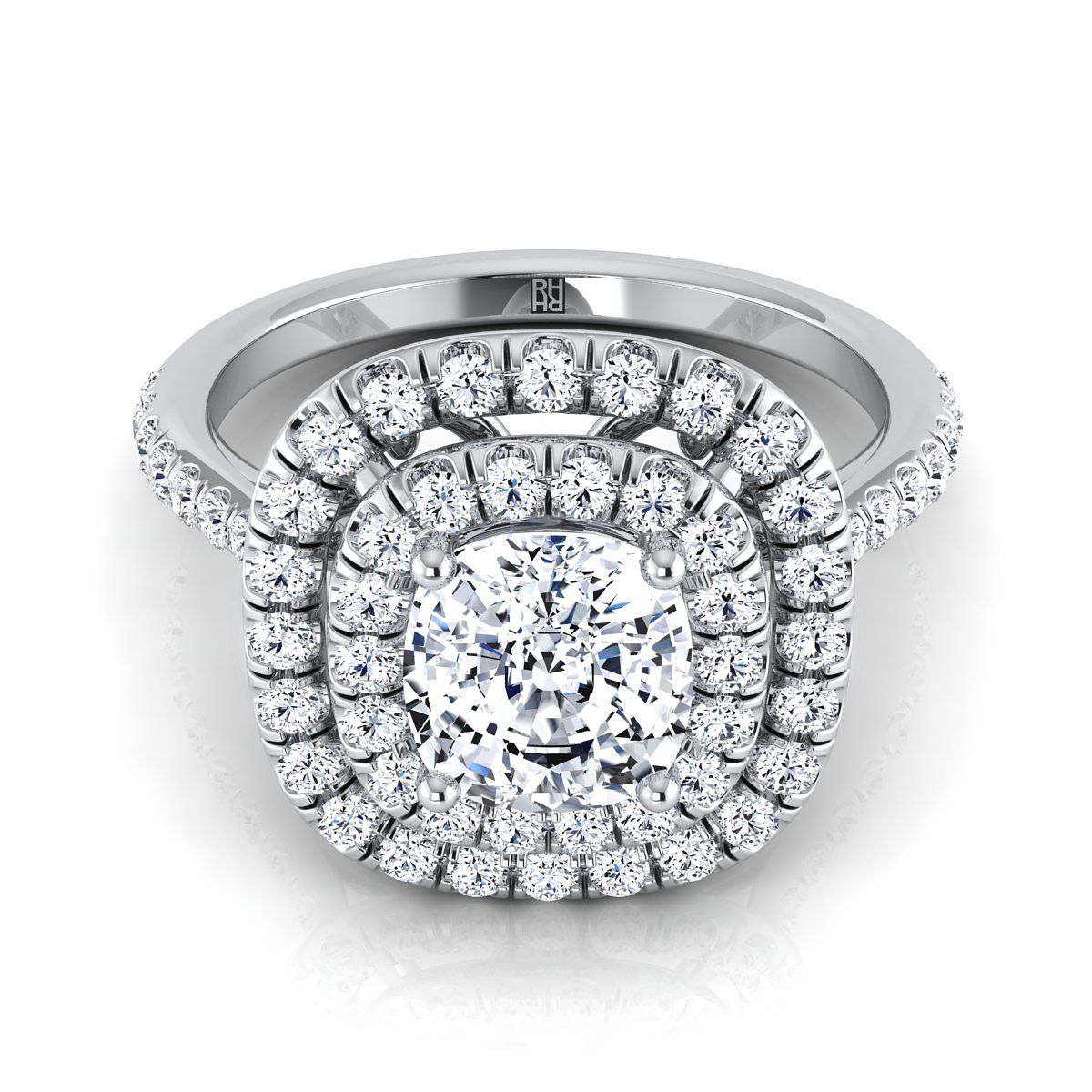 Double Halo Scalloped Pavé Cushion, in 18K White Gold, pave setting – view 8 | RockHer