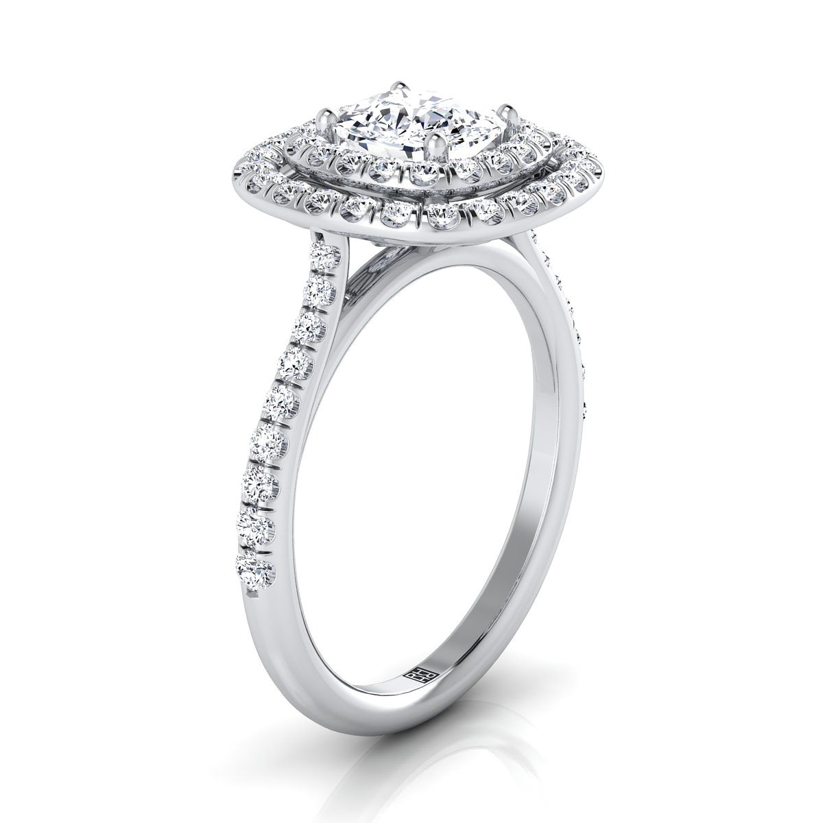 แหวนหมั้นแพลทินัมหมอนเพชรแบบดับเบิลฮาโลว์ขอบหยักประดับเพชร Pavé -1/2ctw