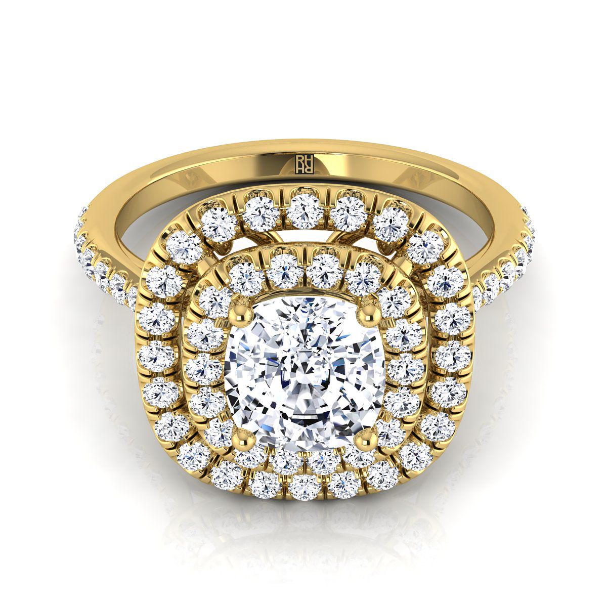 Double Halo Scalloped Pavé Cushion, in 18K Yellow Gold, pave setting | RockHer