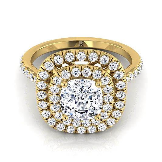 Double Halo Scalloped Pavé Cushion, in 18K Yellow Gold, pave setting | RockHer