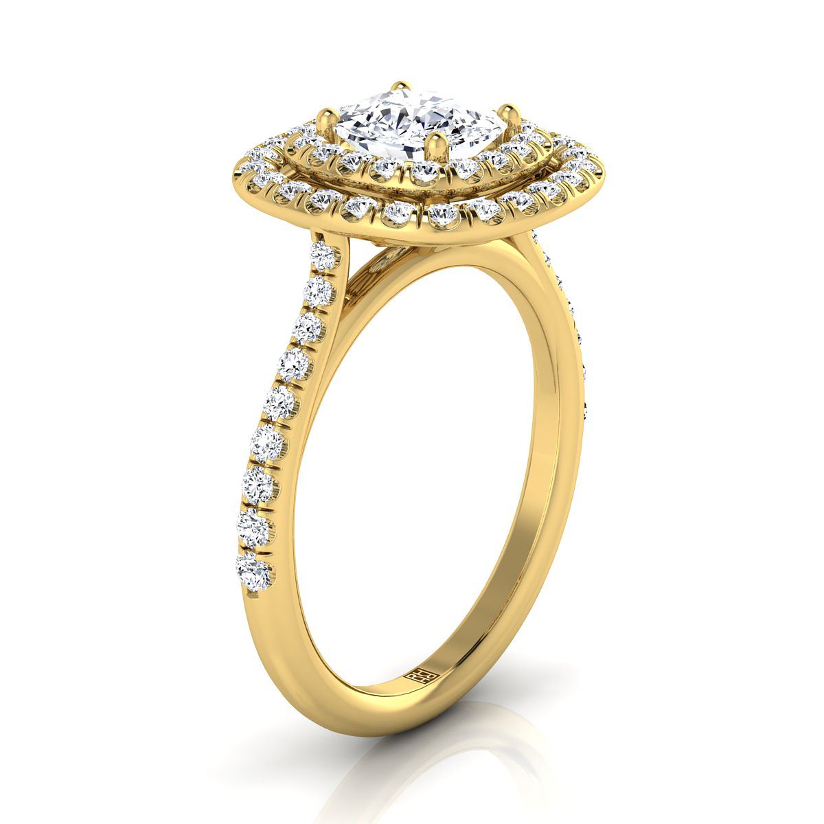 18K Yellow Gold Cushion Diamond Double Halo Scalloped Pavé Engagement Ring -1/2ctw