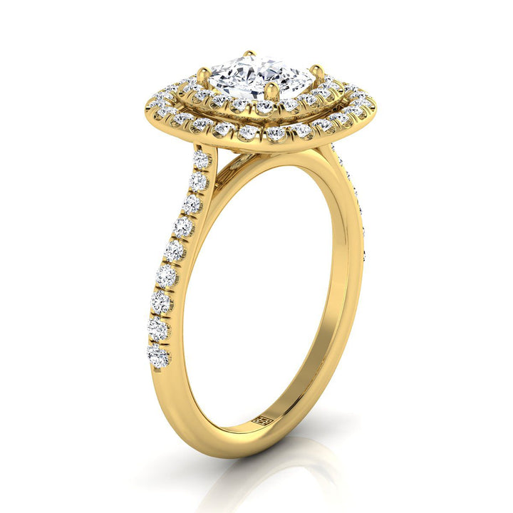 14K Yellow Gold Cushion Diamond Double Halo Scalloped Pavé Engagement Ring -1/2ctw