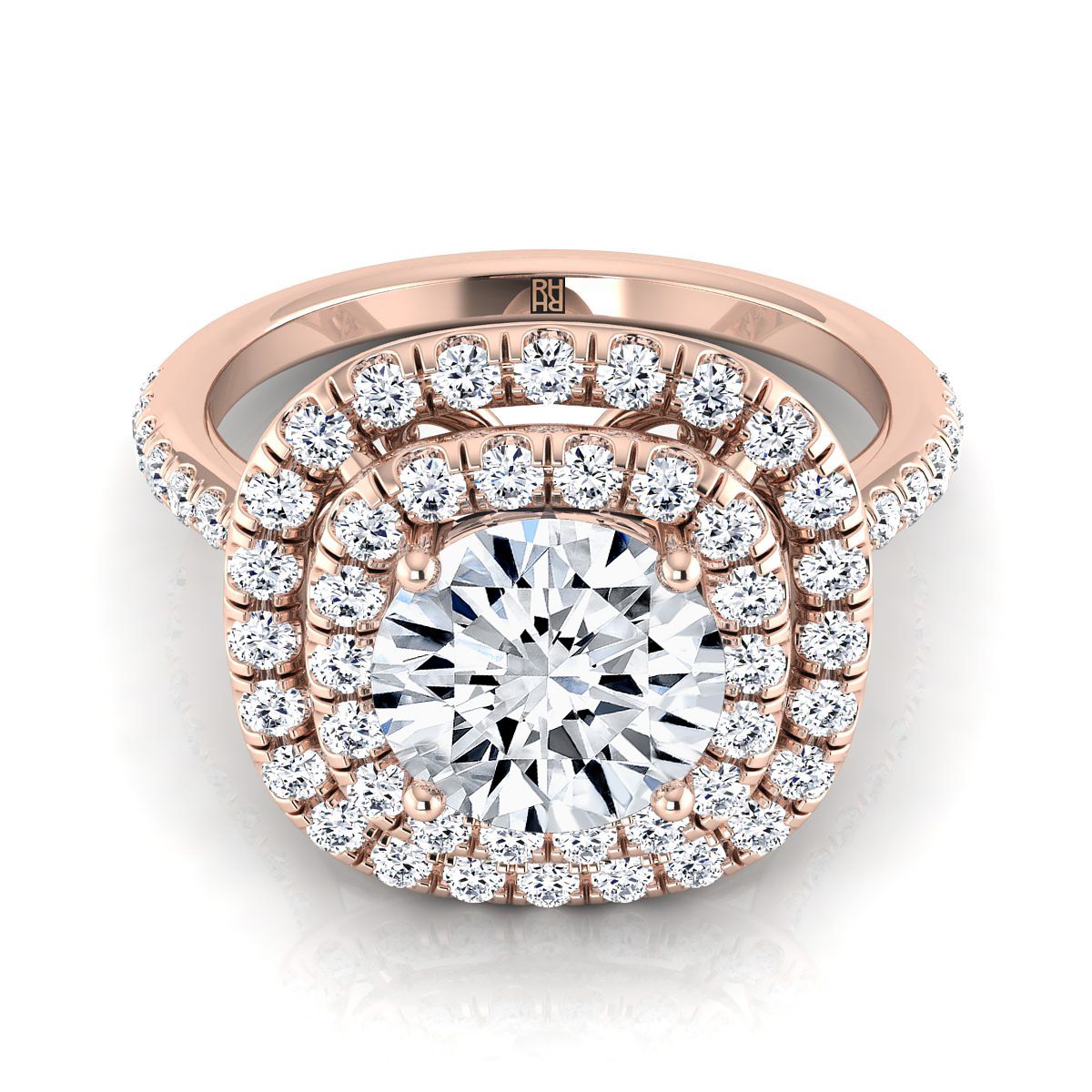 Round Brilliant, Double Halo Scalloped Pavé, in 14K Rose Gold, pave setting | RockHer