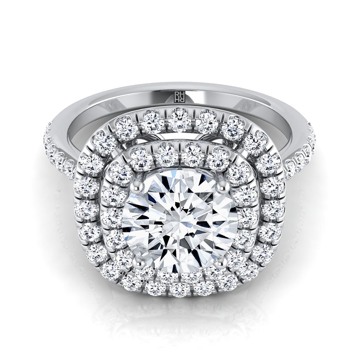 Round Brilliant, Double Halo Scalloped Pavé, in 18K White Gold, pave setting | RockHer