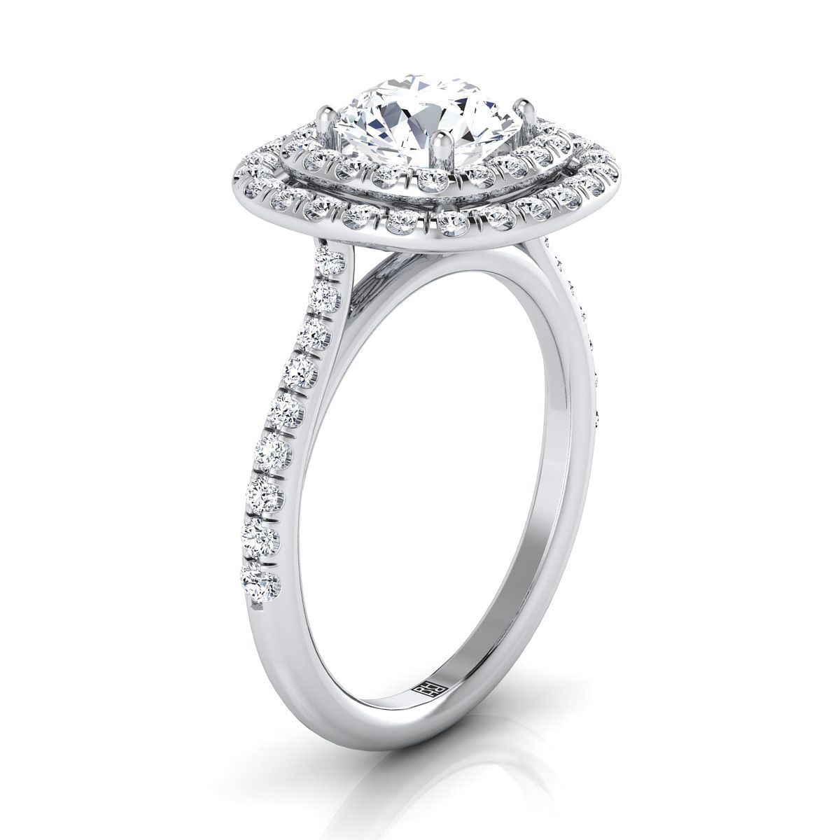 Round Brilliant, Double Halo Scalloped Pavé, in 18K White Gold, pave setting – side profile | RockHer