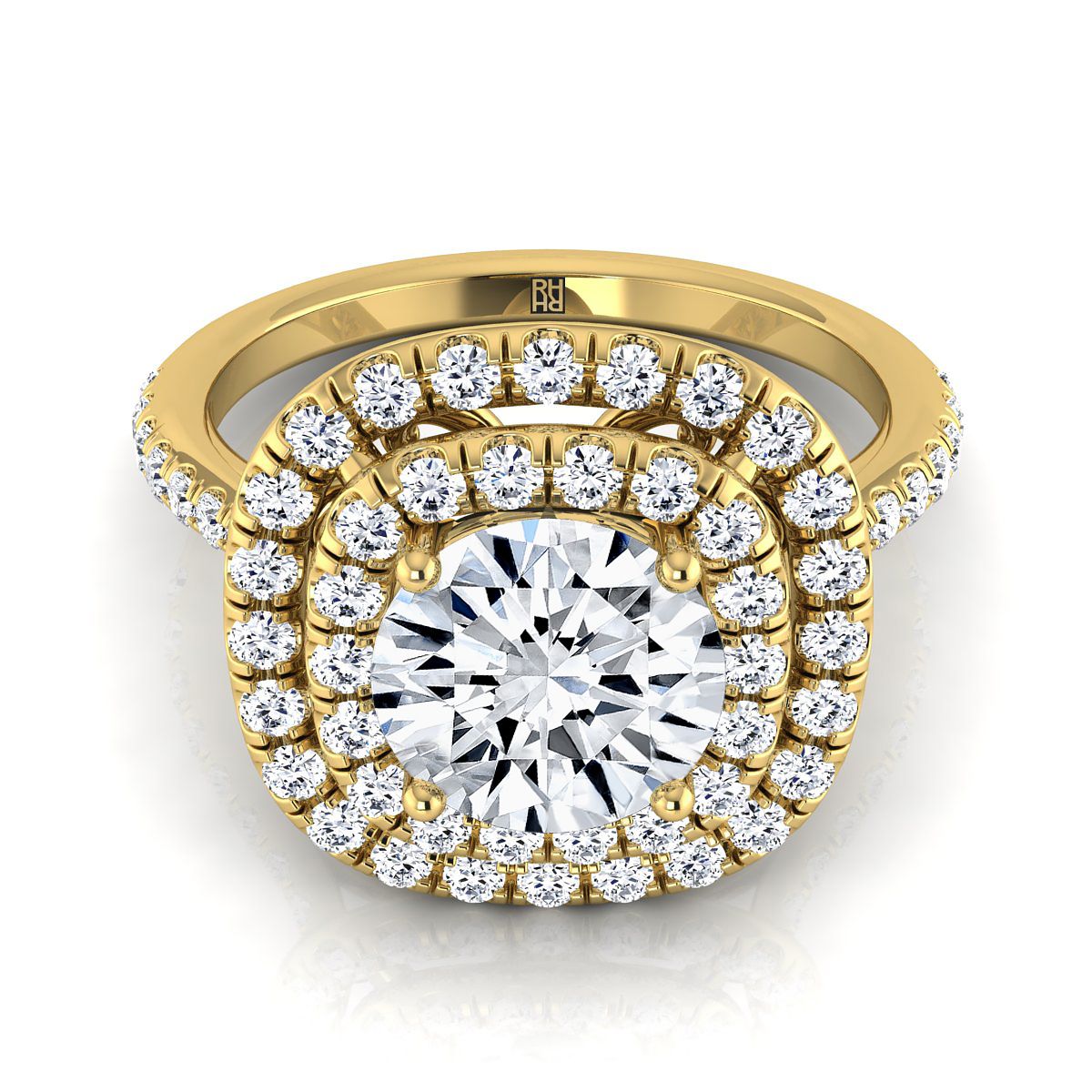 Round Brilliant, Double Halo Scalloped Pavé, in 18K Yellow Gold, pave setting | RockHer