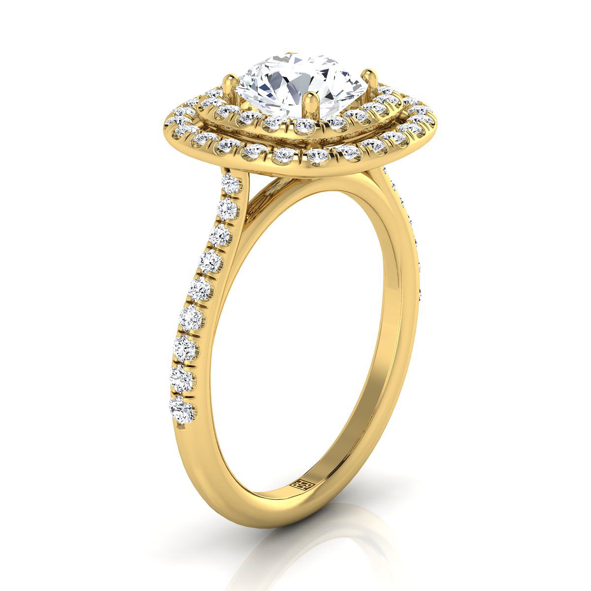 Round Brilliant, Double Halo Scalloped Pavé, in 18K Yellow Gold, pave setting – side profile | RockHer