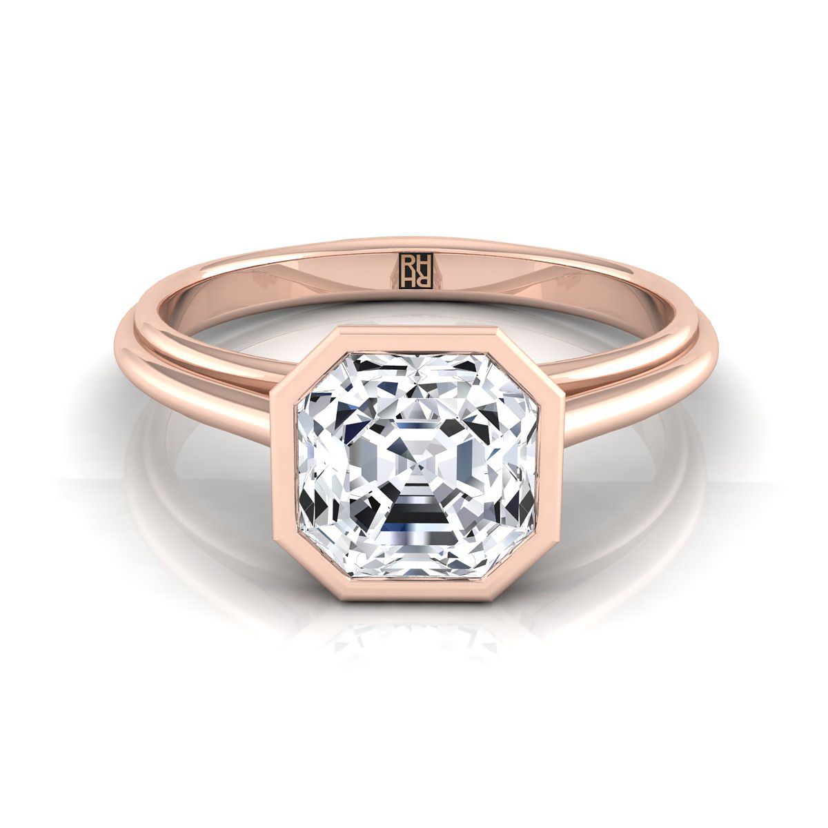 แหวนหมั้นแบบเดี่ยวทองคำชมพู 14K ตัด Asscher แบบเบเซล ฮาโล คาเธดรัล