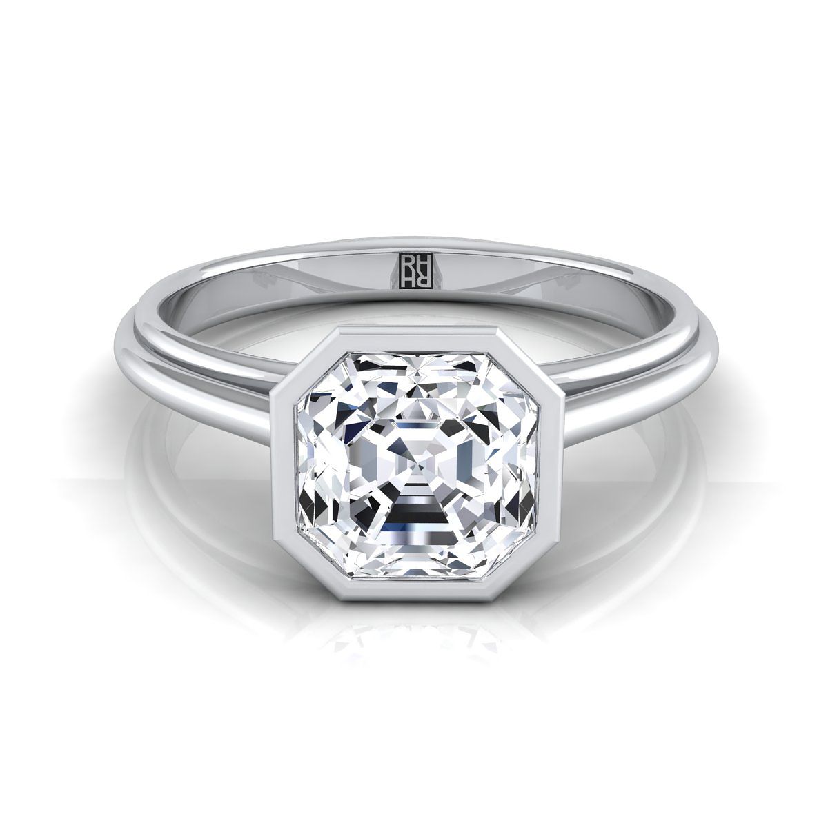 แหวนหมั้นทองคำขาว 18K แบบ Asscher Cut ขอบเบเซิล ฮาโลว์ และแคทเธดรัล โซลิแทร์