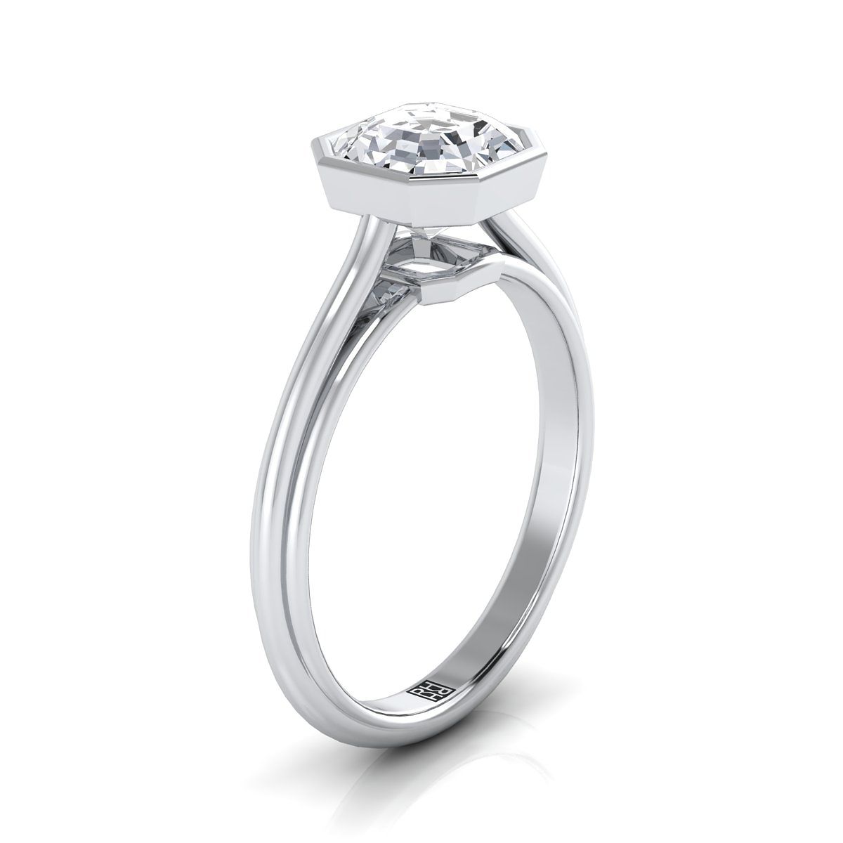 แหวนหมั้นทองคำขาว 18K แบบ Asscher Cut ขอบเบเซิล ฮาโลว์ และแคทเธดรัล โซลิแทร์