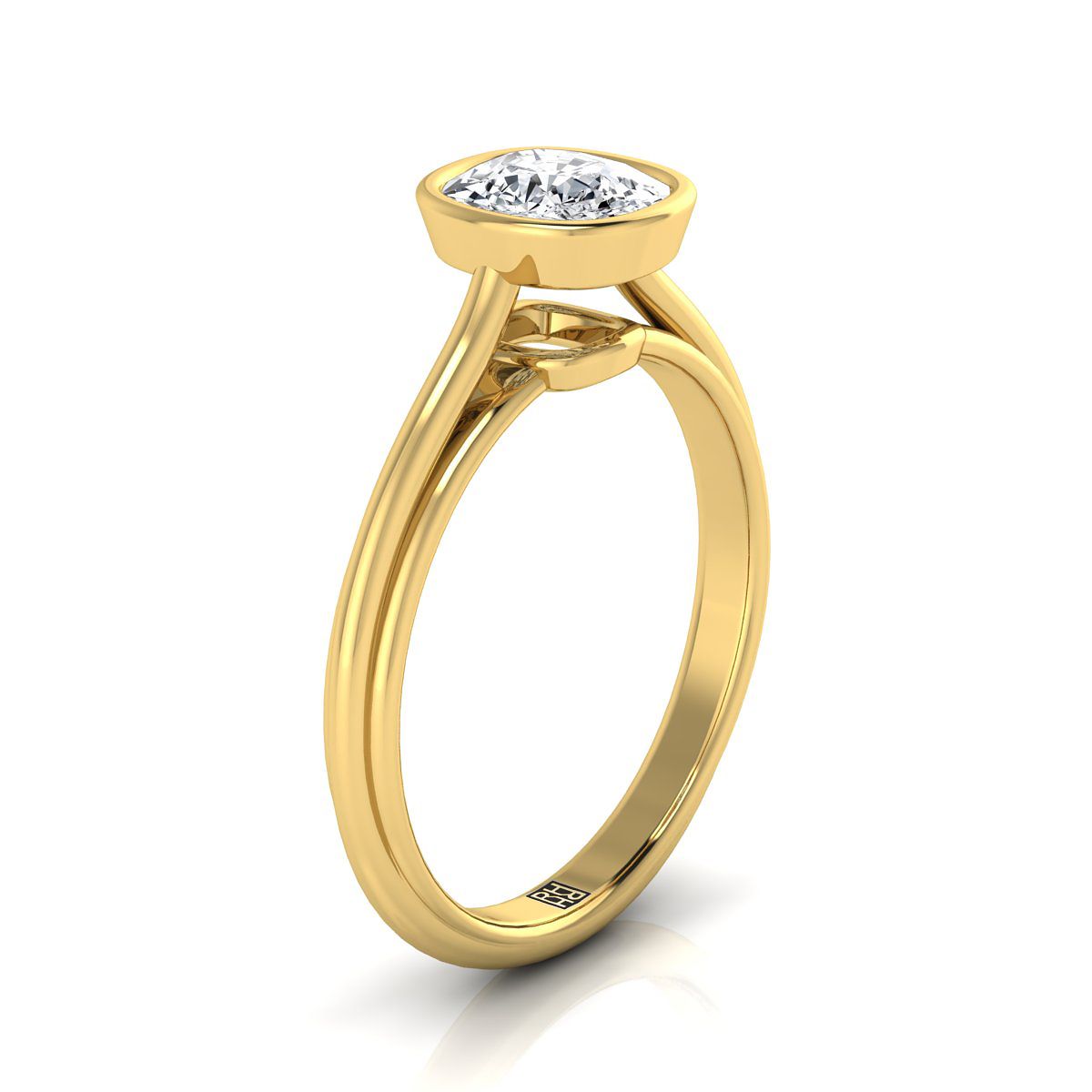 Bezel Cathedral Solitaire Cushion, in 18K Yellow Gold – side profile | RockHer