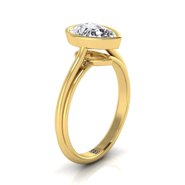 14K Yellow Gold Pear Shape Center  Bezel Halo Cathedral Solitaire Engagement Ring