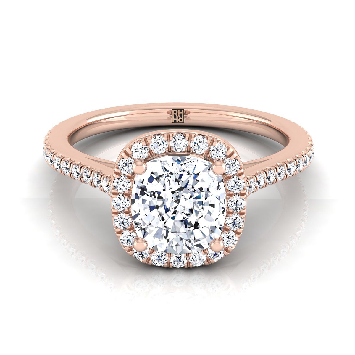 Graduated Shank Pavé Halo Cushion, in 14K Rose Gold, pave setting | RockHer