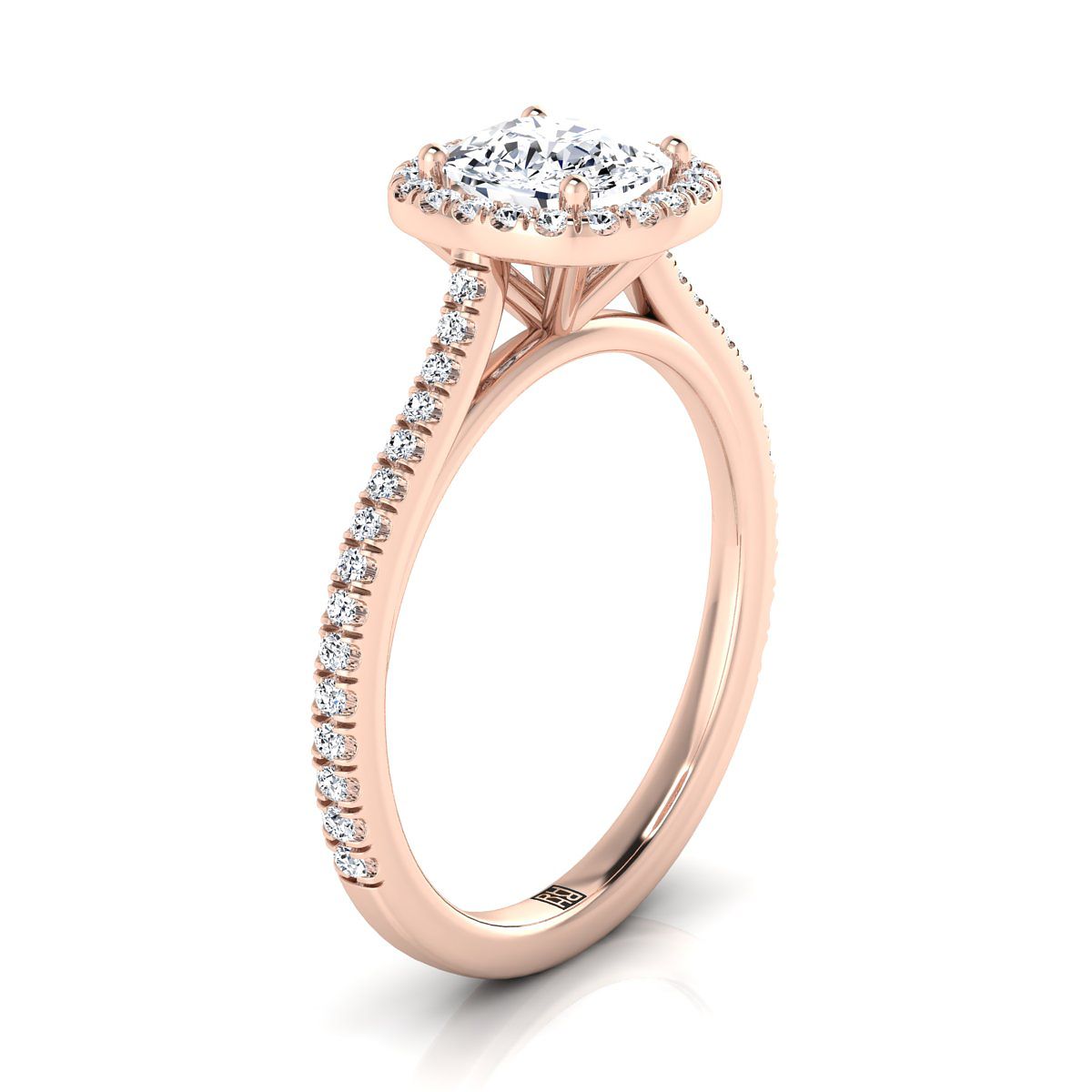 Graduated Shank Pavé Halo Cushion, in 14K Rose Gold, pave setting – side profile | RockHer