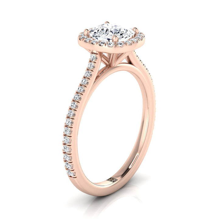 Graduated Shank Pavé Halo Cushion, in 14K Rose Gold, pave setting – side profile | RockHer