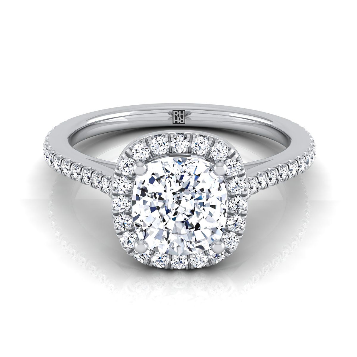 Graduated Shank Pavé Halo Cushion, in Platinum, pave setting | RockHer