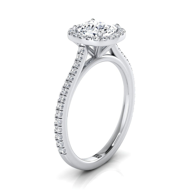 Graduated Shank Pavé Halo Cushion, in 18K White Gold, pave setting – side profile | RockHer