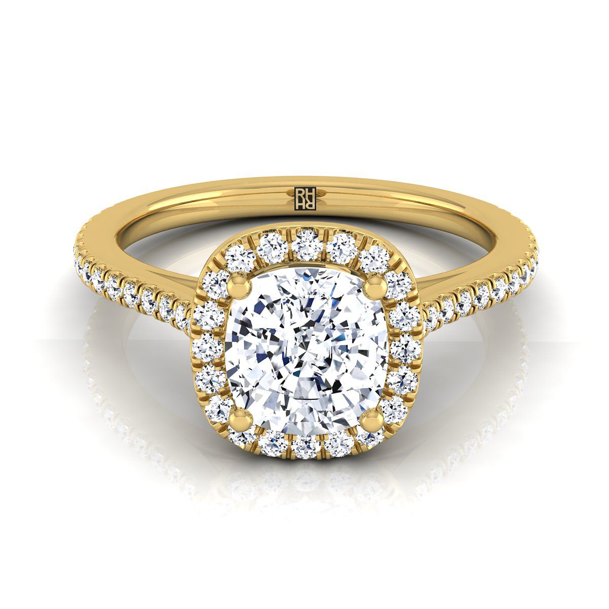 Graduated Shank Pavé Halo Cushion, in 18K Yellow Gold, pave setting | RockHer