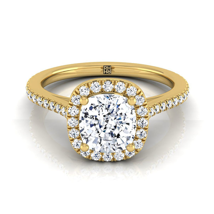 Graduated Shank Pavé Halo Cushion, in 18K Yellow Gold, pave setting | RockHer