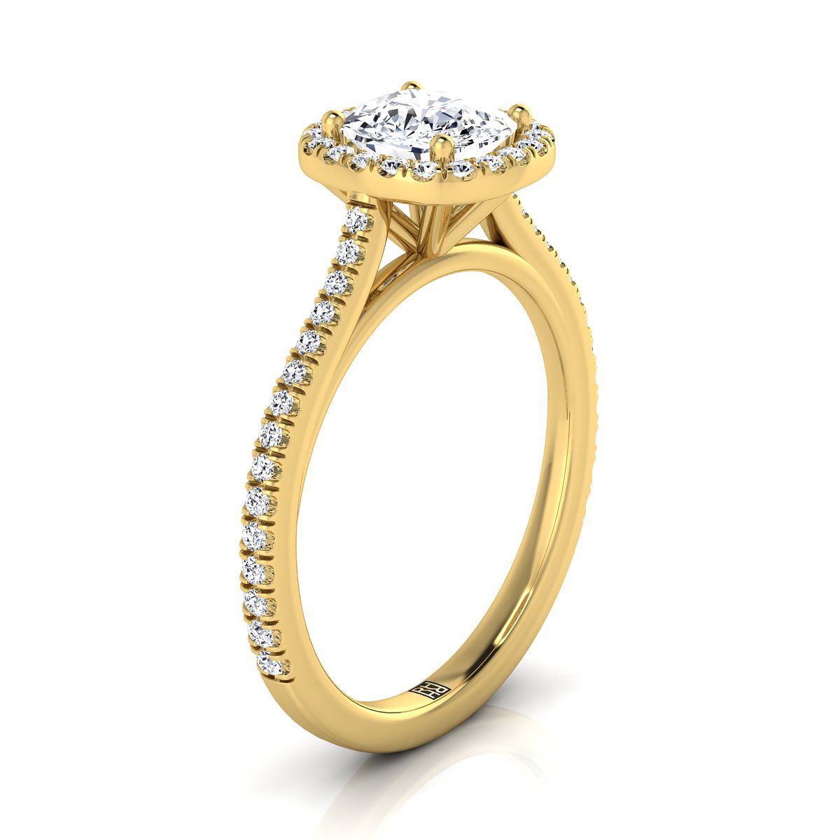 Graduated Shank Pavé Halo Cushion, in 18K Yellow Gold, pave setting – side profile | RockHer