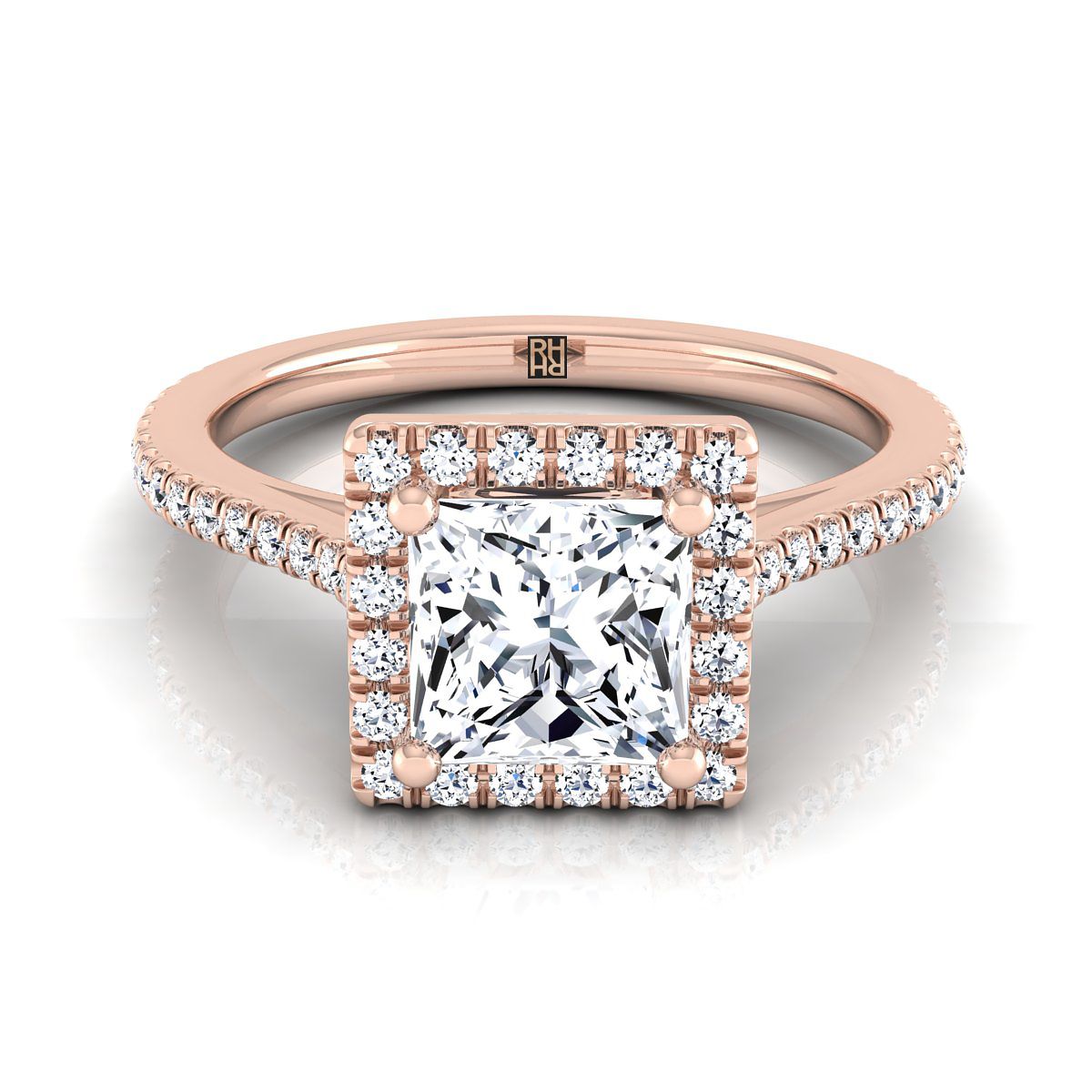 Graduated Shank Pavé Halo Princess, in 14K Rose Gold, pave setting | RockHer