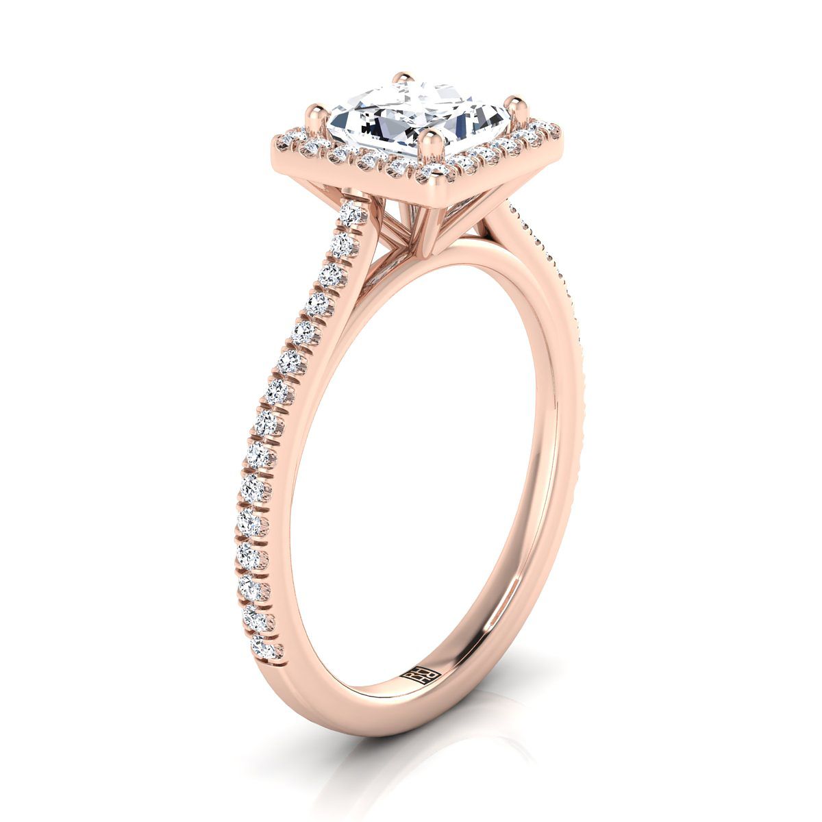 Graduated Shank Pavé Halo Princess, in 14K Rose Gold, pave setting – side profile | RockHer