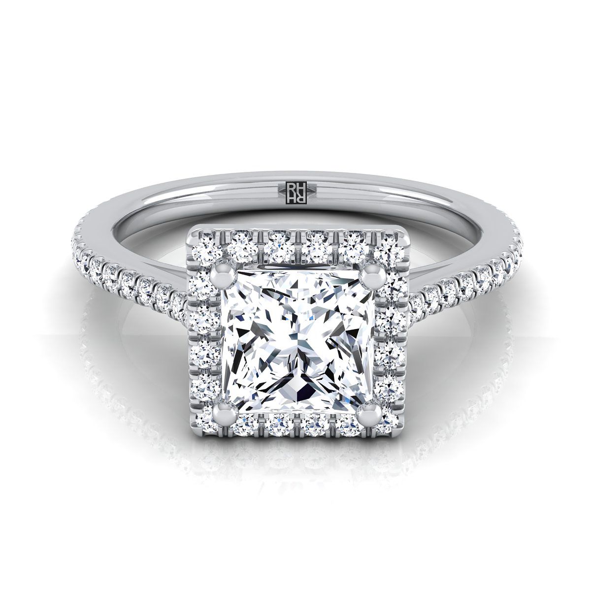 Graduated Shank Pavé Halo Princess, in 18K White Gold, pave setting | RockHer