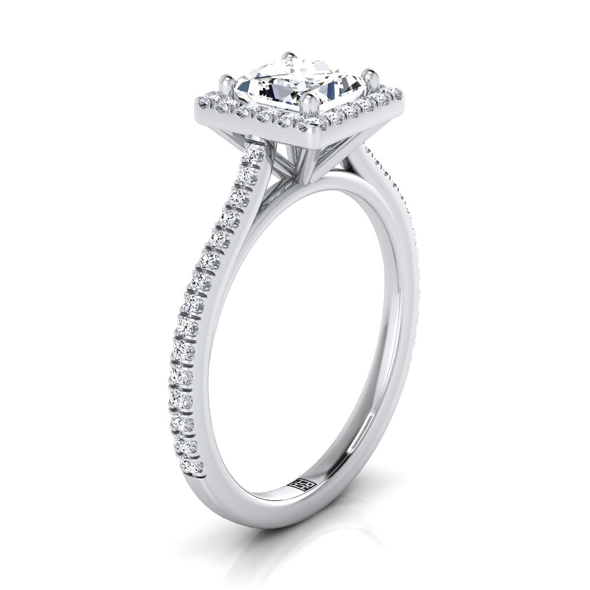 Graduated Shank Pavé Halo Princess, in 18K White Gold, pave setting – side profile | RockHer