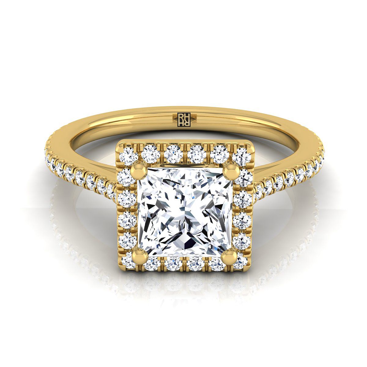 แหวนหมั้นแบบคลาสสิกฝรั่งเศสประดับเพชรทรงเจ้าหญิง 14K ทองคำเหลือง พร้อมฮาโลและเส้นตรง - 1/4ctw