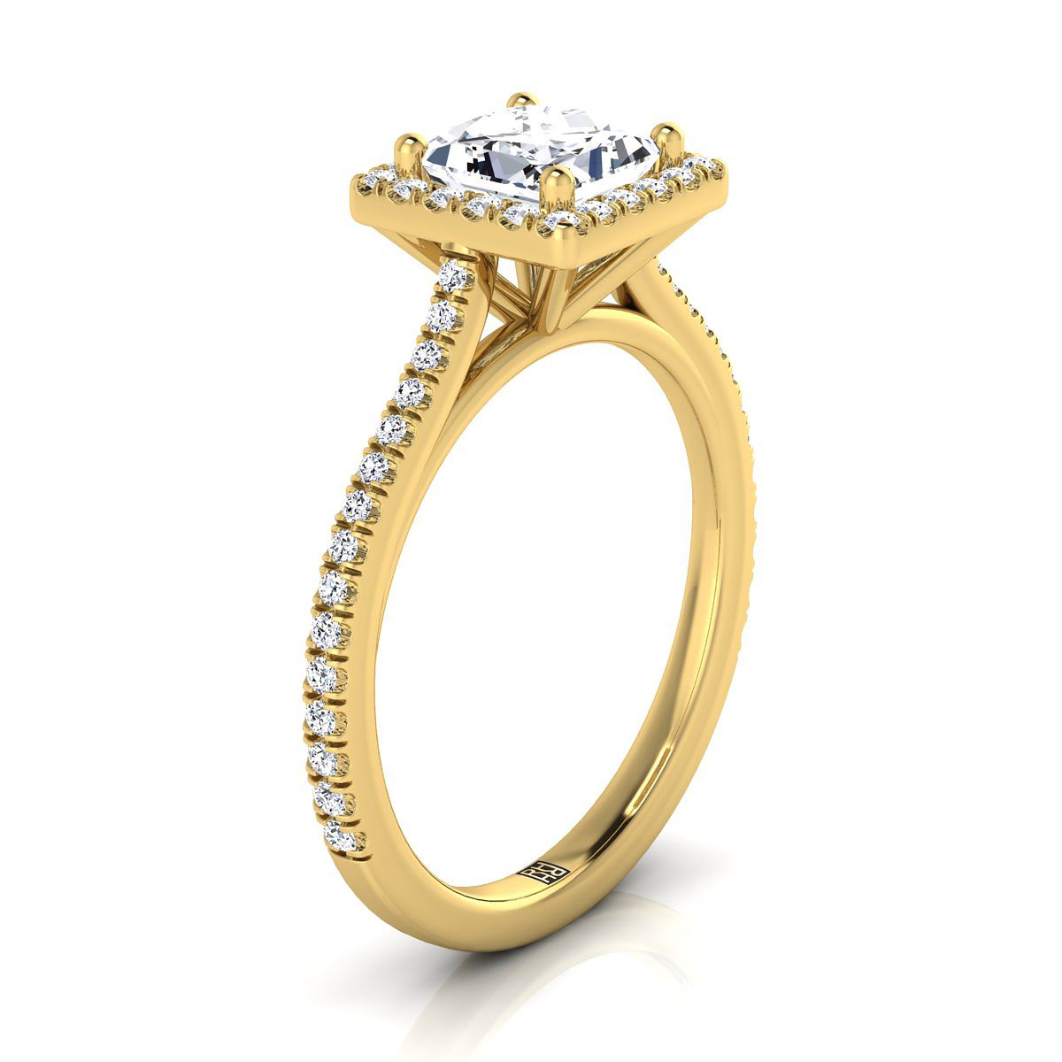 Graduated Shank Pavé Halo Princess, in 18K Yellow Gold, pave setting – side profile | RockHer