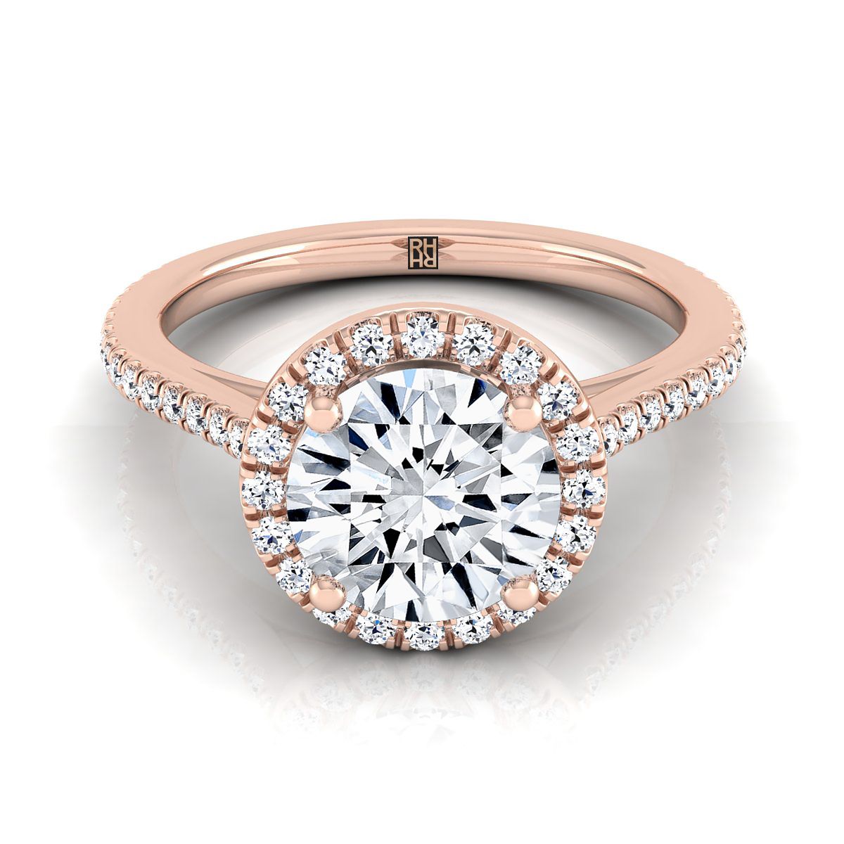 Round Brilliant, Graduated Shank Pavé Halo, in 14K Rose Gold, pave setting – view 8 | RockHer