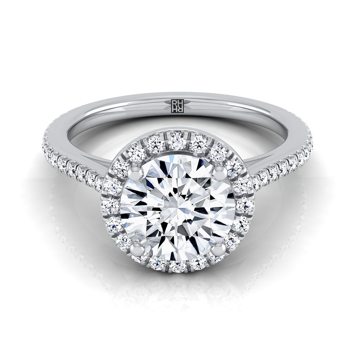 Round Brilliant, Graduated Shank Pavé Halo, in 18K White Gold, pave setting | RockHer