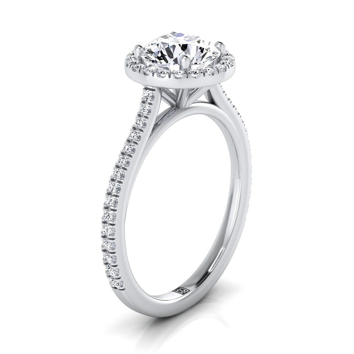 Round Brilliant, Graduated Shank Pavé Halo, in Platinum, pave setting – side profile | RockHer