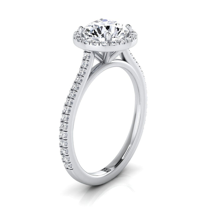 Round Brilliant, Graduated Shank Pavé Halo, in Platinum, pave setting – side profile | RockHer