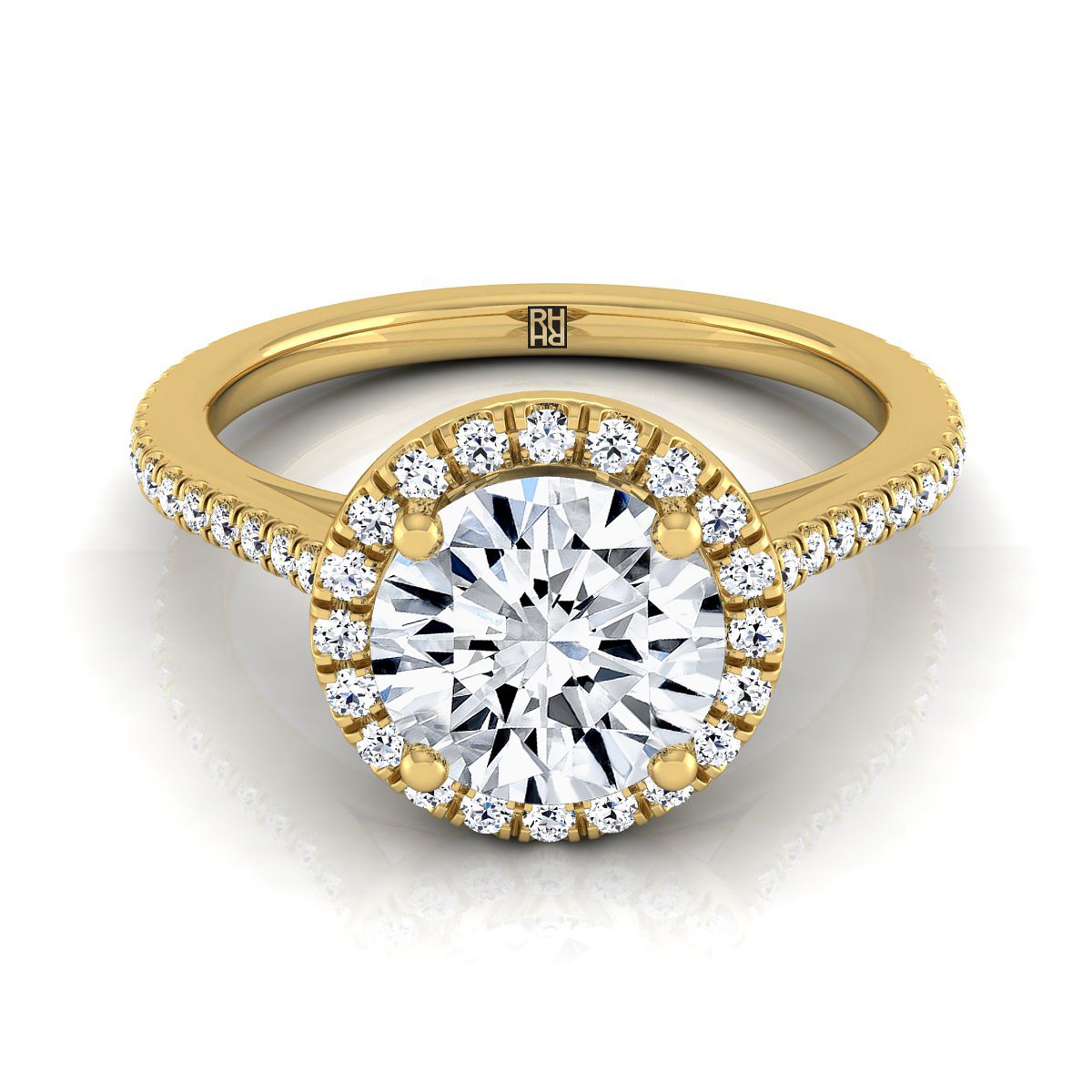 Round Brilliant, Graduated Shank Pavé Halo, in 18K Yellow Gold, pave setting | RockHer