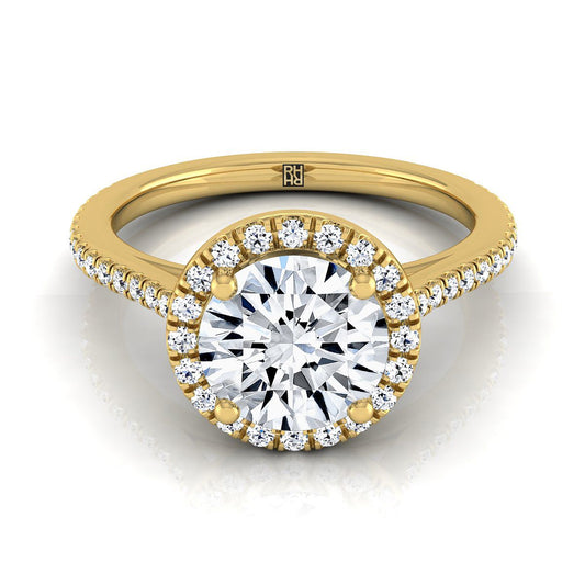 Round Brilliant, Graduated Shank Pavé Halo, in 18K Yellow Gold, pave setting | RockHer