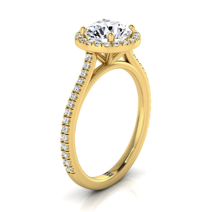 Round Brilliant, Graduated Shank Pavé Halo, in 18K Yellow Gold, pave setting – side profile | RockHer