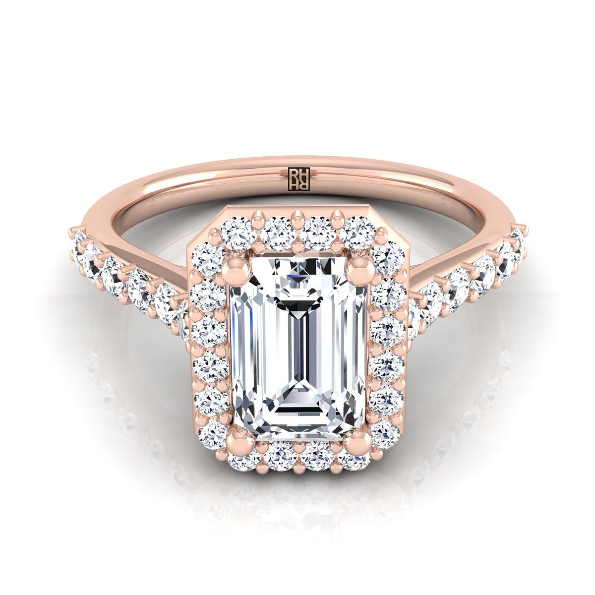 European Cut, Shared Prong Halo Emerald, in 14K Rose Gold, pave setting | RockHer