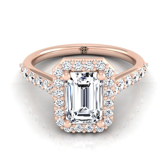 European Cut, Shared Prong Halo Emerald, in 14K Rose Gold, pave setting | RockHer