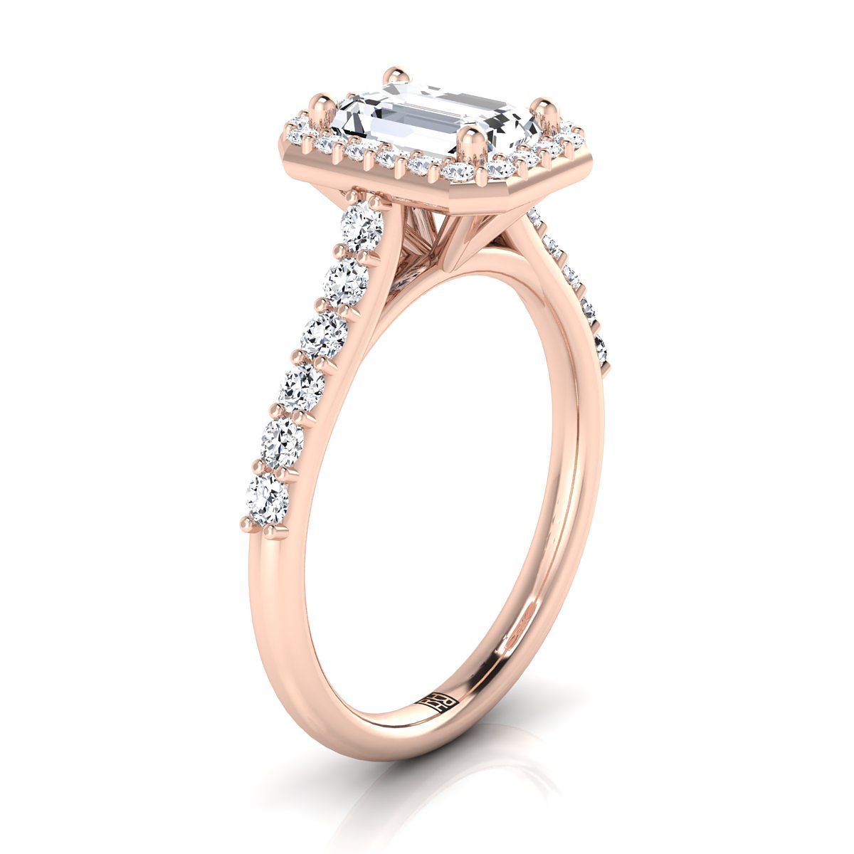 European Cut, Shared Prong Halo Emerald, in 14K Rose Gold, pave setting – side profile | RockHer