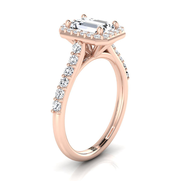 European Cut, Shared Prong Halo Emerald, in 14K Rose Gold, pave setting – side profile | RockHer