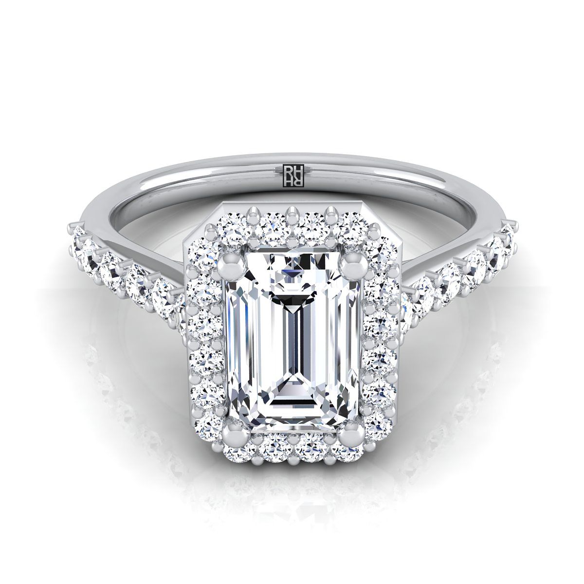 European Cut, Shared Prong Halo Emerald, in Platinum, pave setting | RockHer