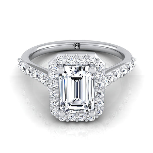 European Cut, Shared Prong Halo Emerald, in Platinum, pave setting | RockHer