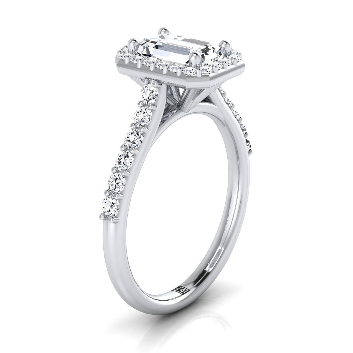 European Cut, Shared Prong Halo Emerald, in Platinum, pave setting – side profile | RockHer
